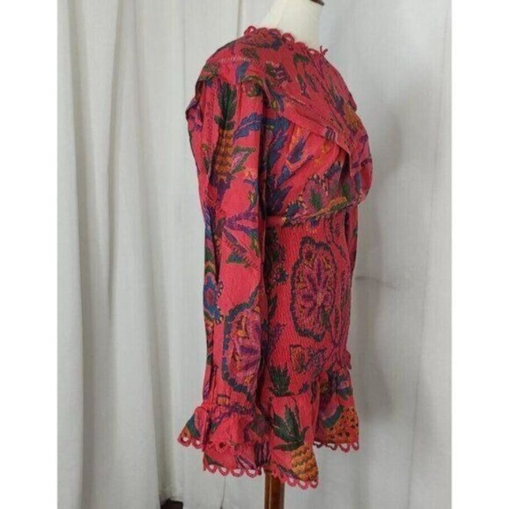 FARM Rio Mini Dress M  Tapestry Tropical Smocked Ruffle…Blush Pink Sunset - Picture 7 of 16